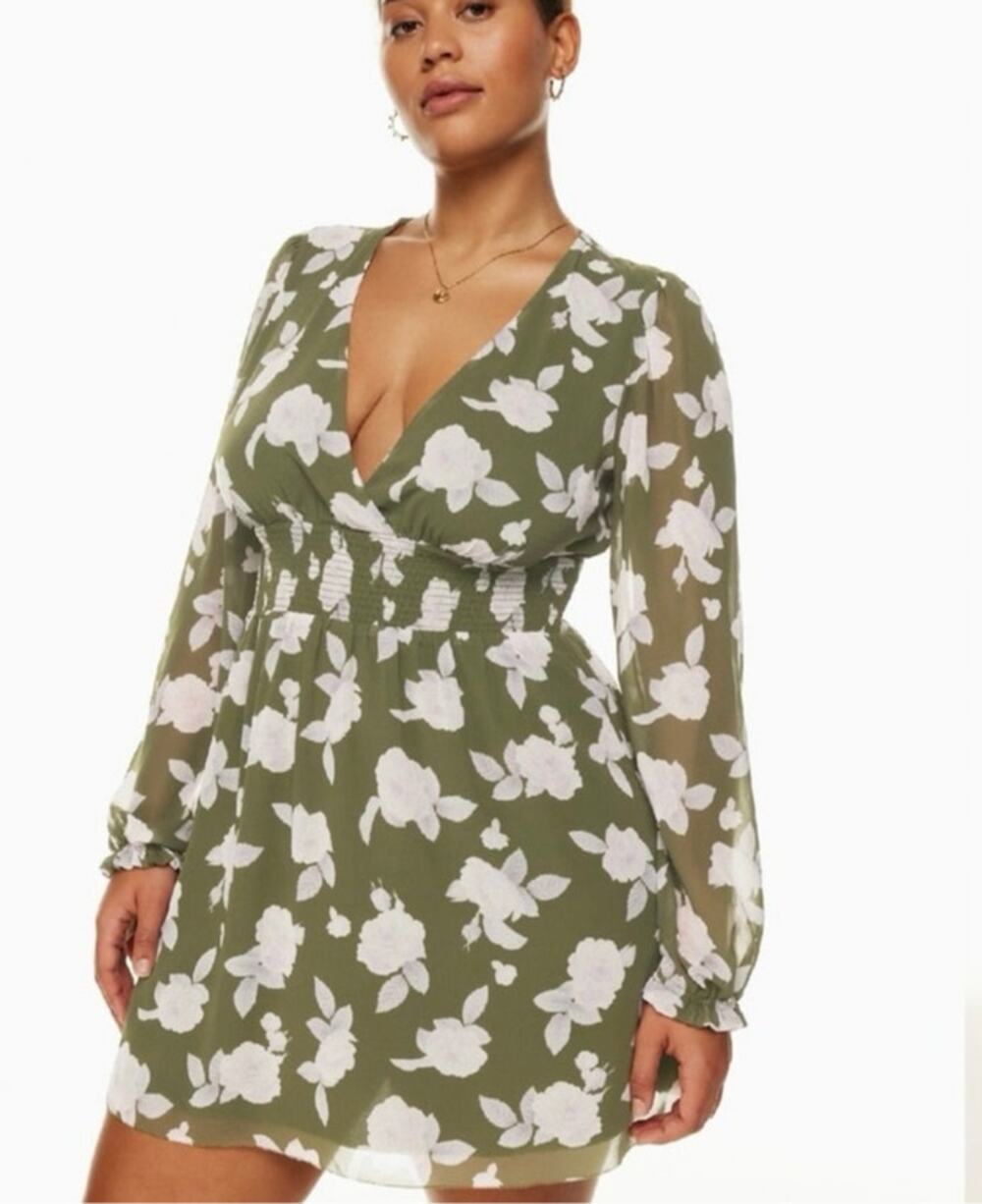 Aritzia Wilfred Wistful Floral Smocked Mini Dress Grotto Green Size Small